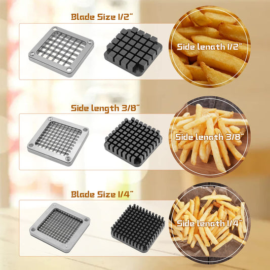 InLoveArts Professional Potato Cutter for potatoes and vegetables, with stainless steel blades in sizes 1/4 inch, 1/2 inch, 3/8 inch, and food plate.