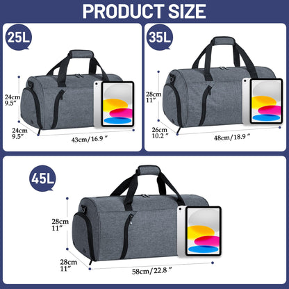 BECOJADDE Sports Bags for Women and Men, 25L Travel Duffel Bag Overnight Bag with Shoe Compartment & Wet Pocket, Waterproof Carry-On Bag for Sports, Gym, Swimming, Gray
