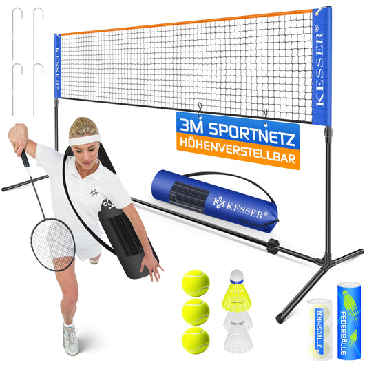 KESSER® Badminton Net Tennis Net | Badminton Net 3-Way Height Adjustable 107/120/155cm, sturdy frame, set with net, 3X shuttlecocks & 3X tennis balls, mounting accessories, carrying bag, indoor & outdoor