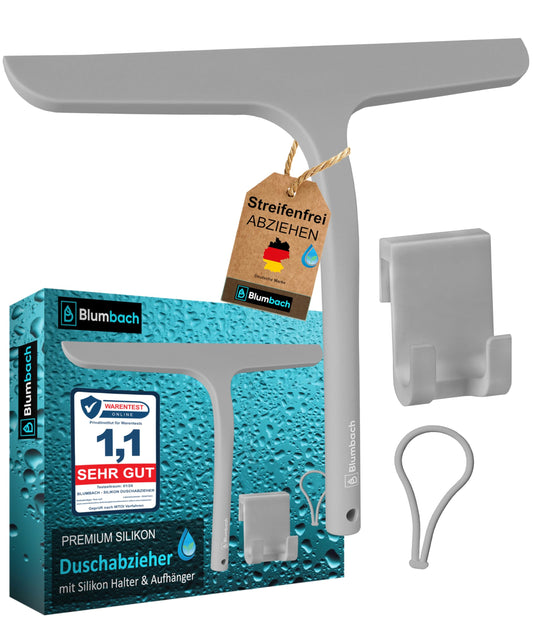BLUMBACH® Shower Squeegee in grey, 28 cm wide with holder, silicone squeegee with stainless steel core, for shower walls and glass, perfect for wiping off water after a shower.