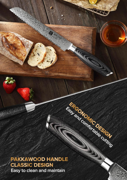 XINZUO 20cm Damascus steel bread knife - sharp and durable serrated blade professional kitchen knife - ergonomic Pakkawood handle with gift box - suitable for all types of bread and cake.