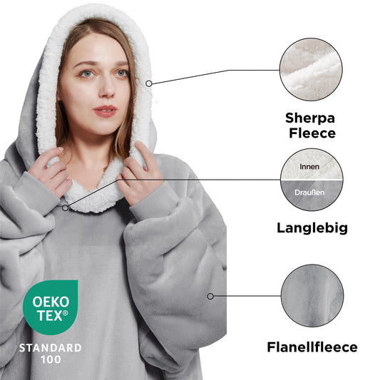 BEDSURE Hooded Blanket with Sleeves - Sherpa Sleeved Blanket Hoodie for Women, Grey, 110x90cm. Perfect gifts for women.