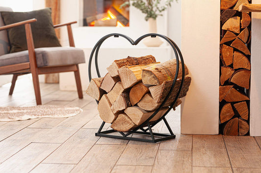 FRANK FLECHTWAREN fireplace log holder in heart shape, fireplace wood holder, fireplace log basket, heart shaped fireplace wood rack, wedding gift, romance, Valentine, 55 x 18 x 54 cm.