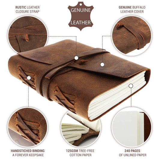 Moonster Leather Notebook Journal - Antique leather bound notebook for writing - Blank Paper 20x15cm - great for art, as a sketchbook, or travel journal
