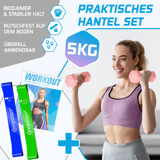 KESSER® Dumbbells Dumbbell Set 2 pieces 2kg - 5kg colored, Dumbbells Neoprene, Hexagon, Strength Training, Workout, Fitness Training, for Home With Exercise Booklet, 2x Fitness Bands