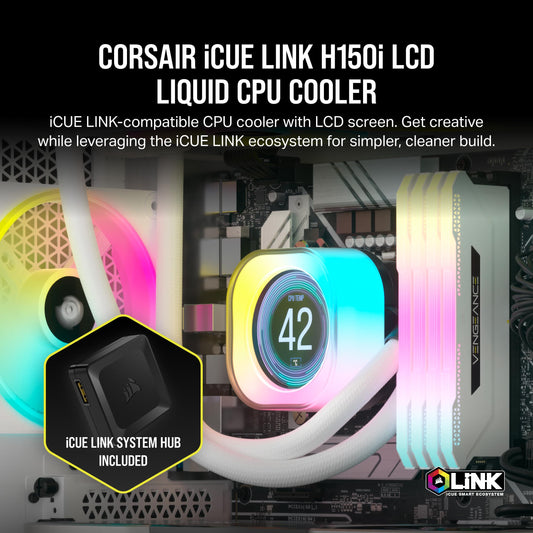CORSAIR iCUE LINK H150i LCD Liquid CPU Cooler - 360mm AIO - QX120 RGB Fans - 2.1" IPS LCD Screen - Compatible with Intel LGA 1700, AMD AM5 - iCUE LINK System Hub Included - White