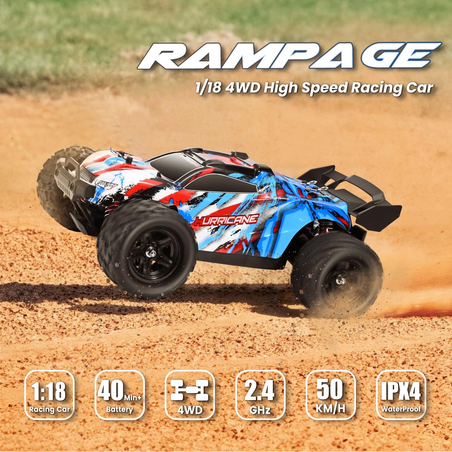 1:18 remote control car, all-wheel off-road RC car, 2 batteries, 40 minutes runtime, 2.4GHz all terrain high-speed RC crawler 50 km/h, outdoor indoor vehicle toy for adults and kids.
