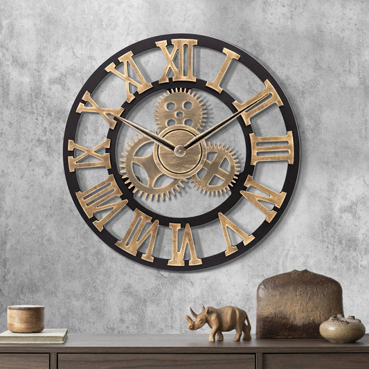 Lafocuse Wooden Wall Clock Large Industrial Gold, Silent Vintage Wall Clock 60cm XXL, Gear Roman Numerals Steampunk Large for Living Room Kitchen