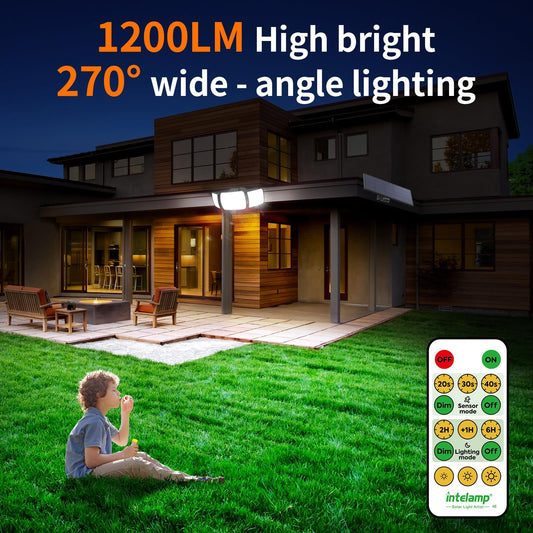 INTELAMP Solar spotlight with motion sensor and remote control, 6000mAh lithium iron phosphate battery 1200LM high brightness solar light, 4 modes 270° wide angle solar lights with 2.7m cable.