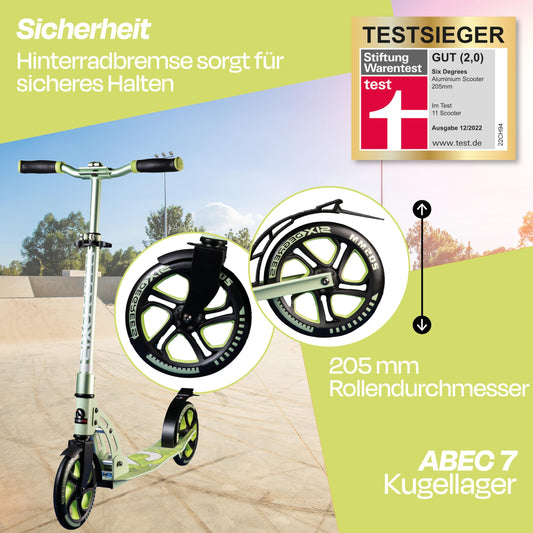 Six Degrees aluminum scooter with folding mechanism and stand, 205 mm, height adjustable, GS tested Lime Dream, TEST WINNER