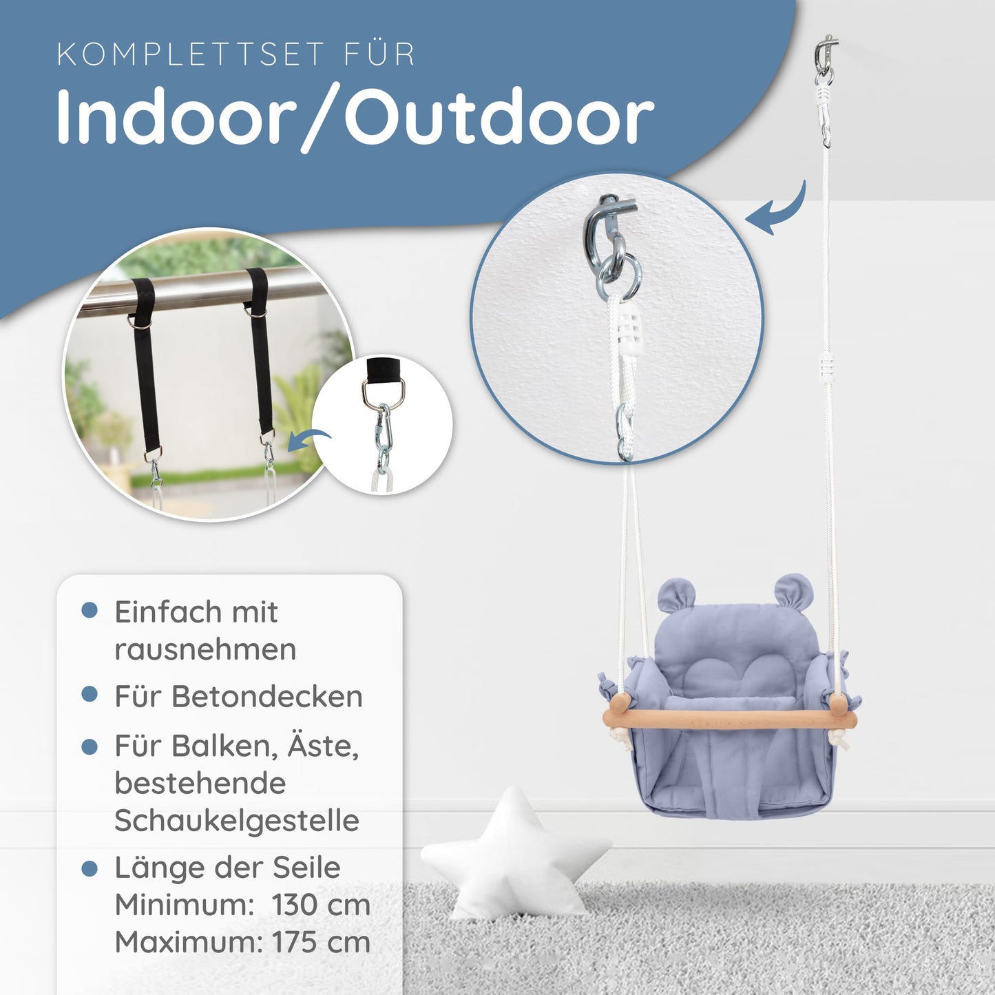 AMAZING Baby and Toddler Swing | Adjustable baby swing. Complete set with hanging kit for indoor and outdoor use | 3-in-1 solution for babies and children from 7 months to 3 years - Blue