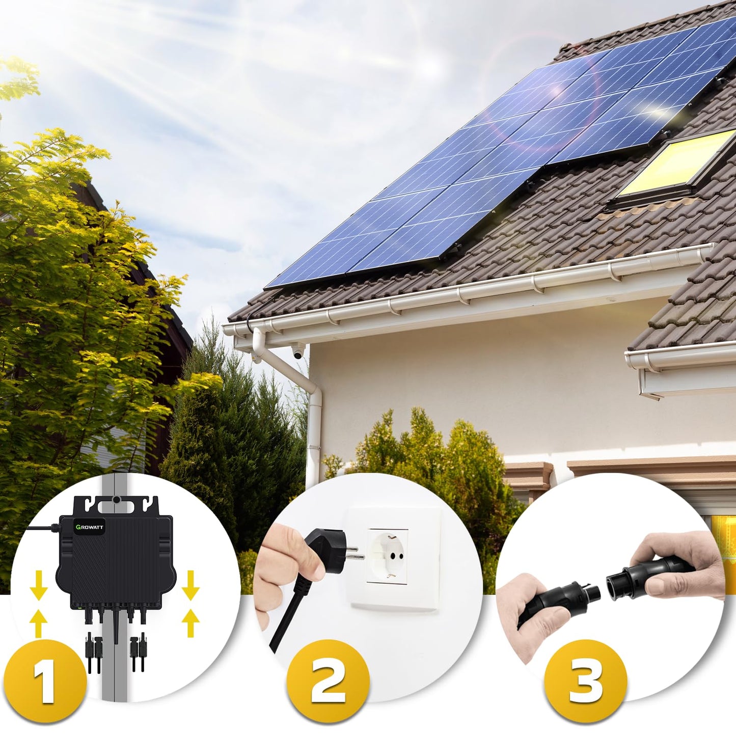 SUNNIVA balcony solar power system with storage FULL BLACK BIFACIAL 1196W/800W solar panel with 800W GROWATT micro inverter and Noah2000 Wifi Bluetooth, dimmable, 2x460W bifacial solar modules, 5m cable.
