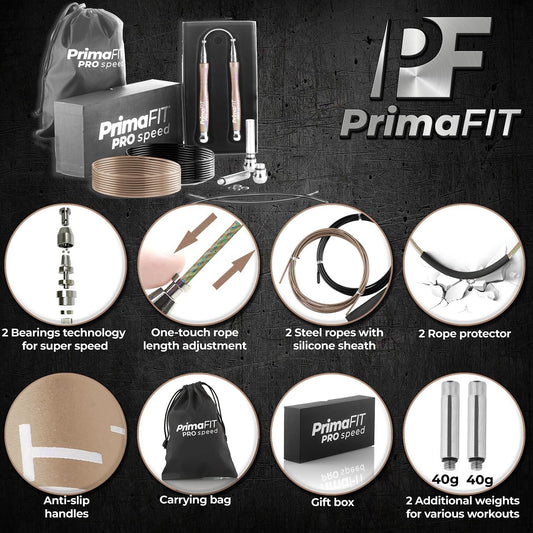 PrimaFIT Adult Fitness Pro Speed Jump Rope 3m Adjustable with Weights, 2 Ball Bearings & Anti-Slip Handles, Professional Skipping for Boxing, MMA, Crossfit. Extra Steel Cable and Bag included.