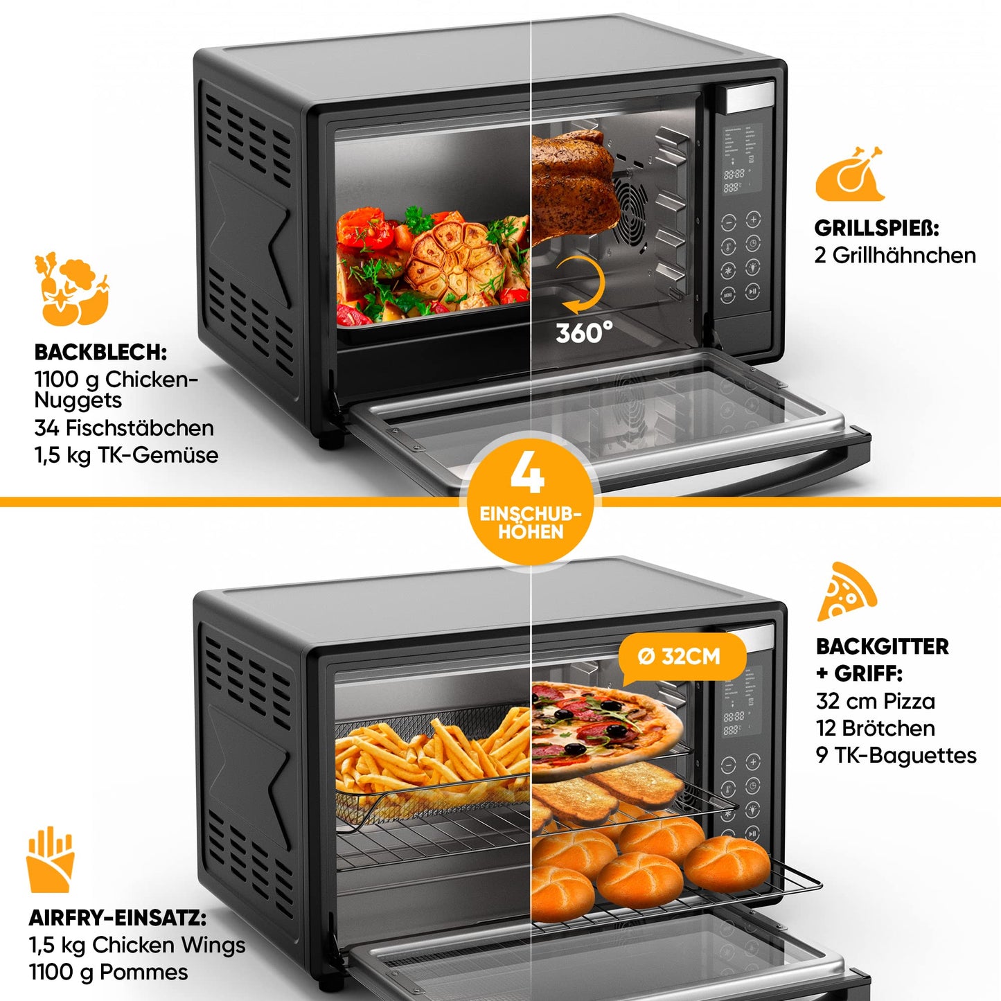Stillstern Mini Oven with Fan 45L (DE vers) Pizza Ø32, CYCLONE PRO+ non-stick coat, 13 progs, defrost&keep warm, 8h timer, Camping Mini Oven with Fan Pizza Oven Mini Oven small Chicken Grill