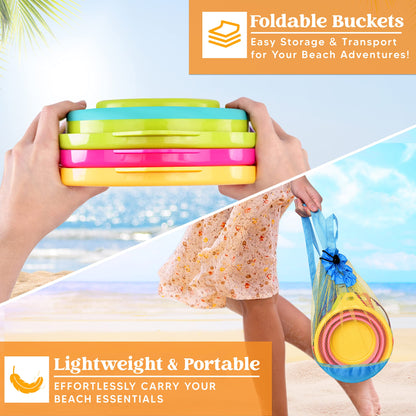 JOYIN 3 Pack Foldable Beach Bucket Set, Sandbox Foldable Sand Toy Bucket with Mesh Backpack for Kids, Camping Gear, Sand Party.