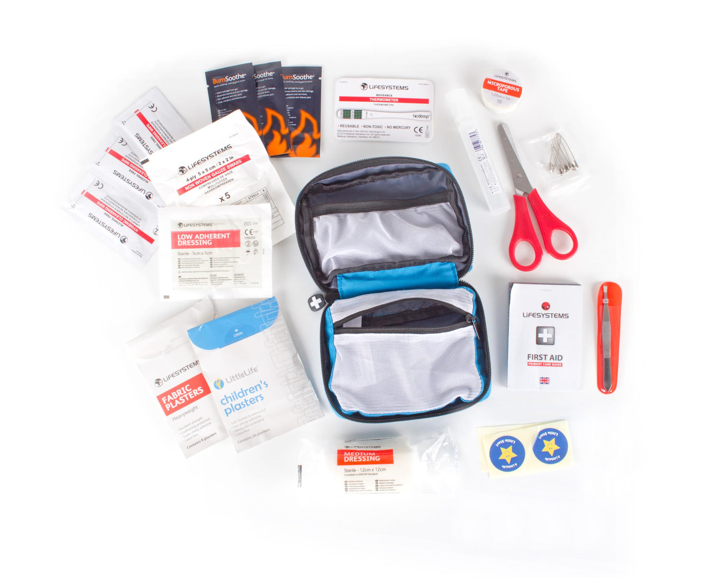 LittleLife Mini First Aid Kit with CE certified contents, perfect for treating common injuries at home and on family vacations.