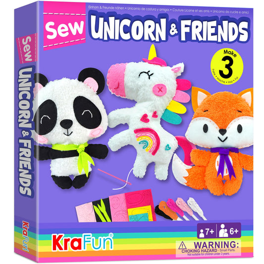 Craftfun Unicorn Sewing Kit for children aged 7 and up includes 3 beginner-level fabric animal dolls (Panda, Fox, Unicorn), plush felt, instructions, name tags, reusable box, educational toy.