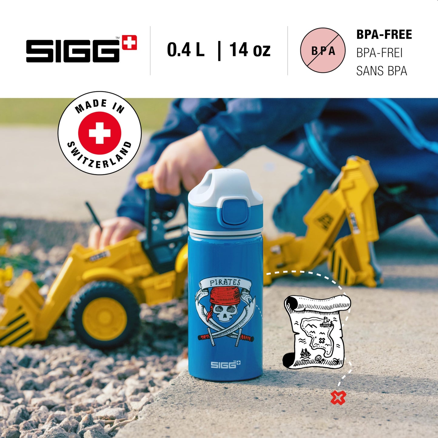 SIGG - Aluminum Kids Water Bottle - Miracle Pirates design - With Straw - Leakproof - Lightweight - BPA-free - Climate Neutral Certified - Great for School & Sports - Blue with Skull - 0.4L