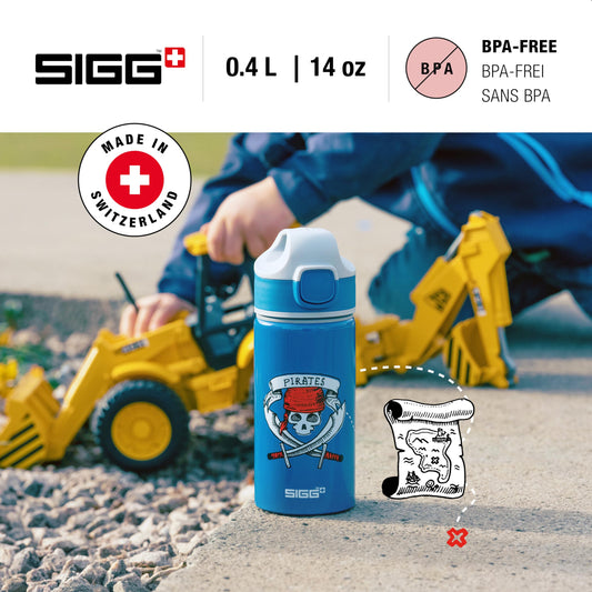 SIGG - Aluminum Kids Water Bottle - Miracle Pirates design - With Straw - Leakproof - Lightweight - BPA-free - Climate Neutral Certified - Great for School & Sports - Blue with Skull - 0.4L