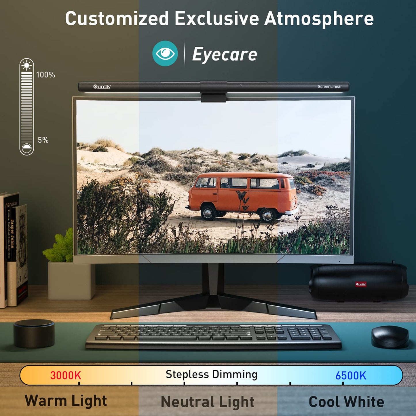 Quntis Curved Computer Monitor Lamp LED USB with Wireless Controller, 51cm Light Bar Eye Protection Desk Lamp with Auto-Dimming, Adjustable Color Temperature Brightness, Screen Lamp Home Office
