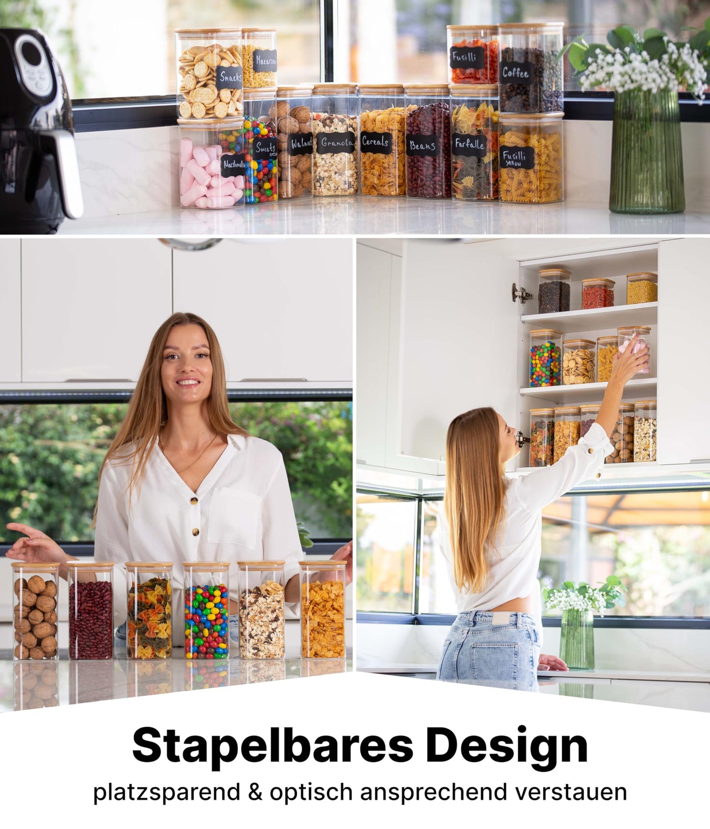 Deco house® set of 6 square glass jars with lids and labels - airtight glass storage containers with wooden lids for storing muesli and other goods.
