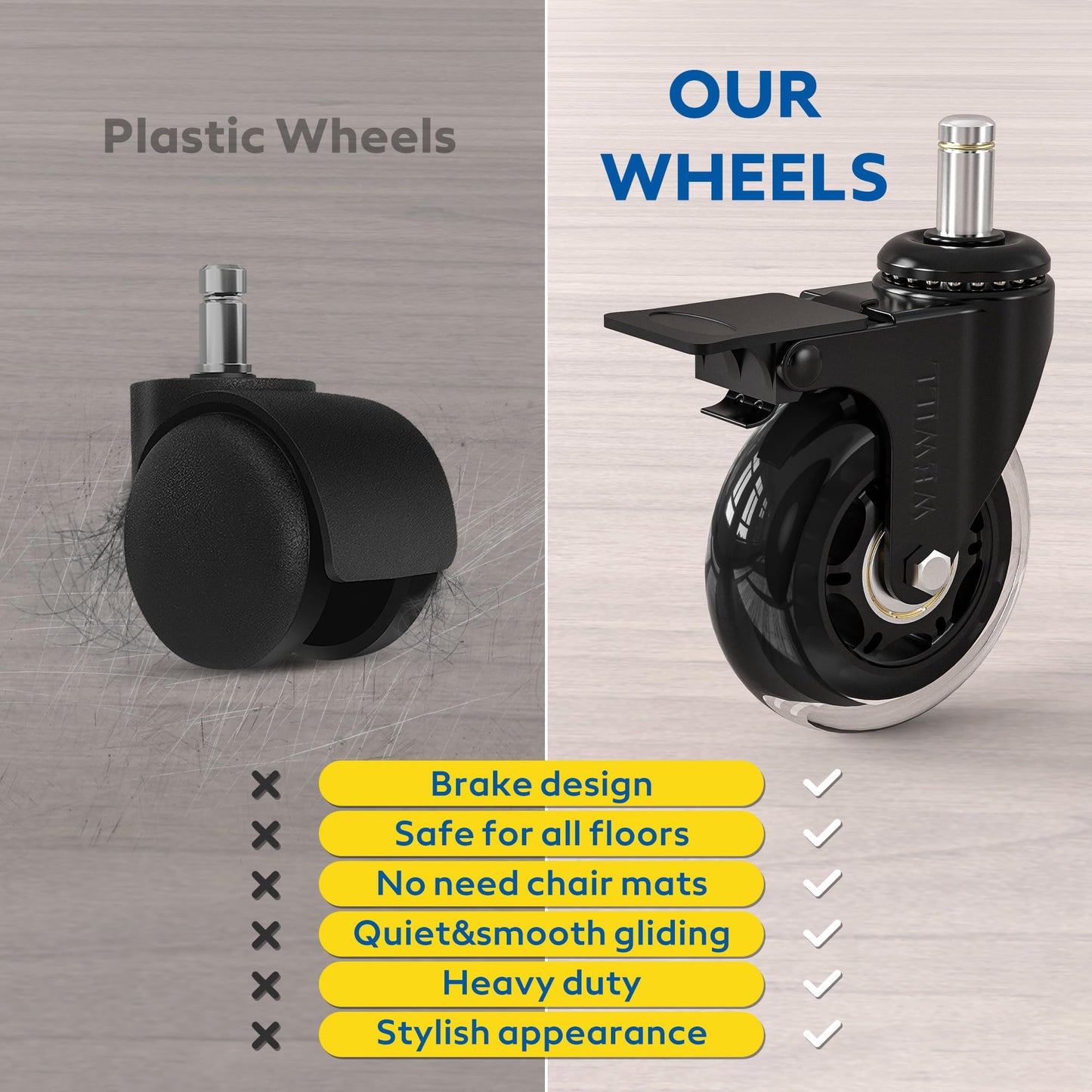 WEWILL office chair casters with lock, 5pcs office chair replacement casters, wear-resistant heavy-duty office chair casters replacement floor protectors with brake (10 * 22mm, not suitable for most casters)