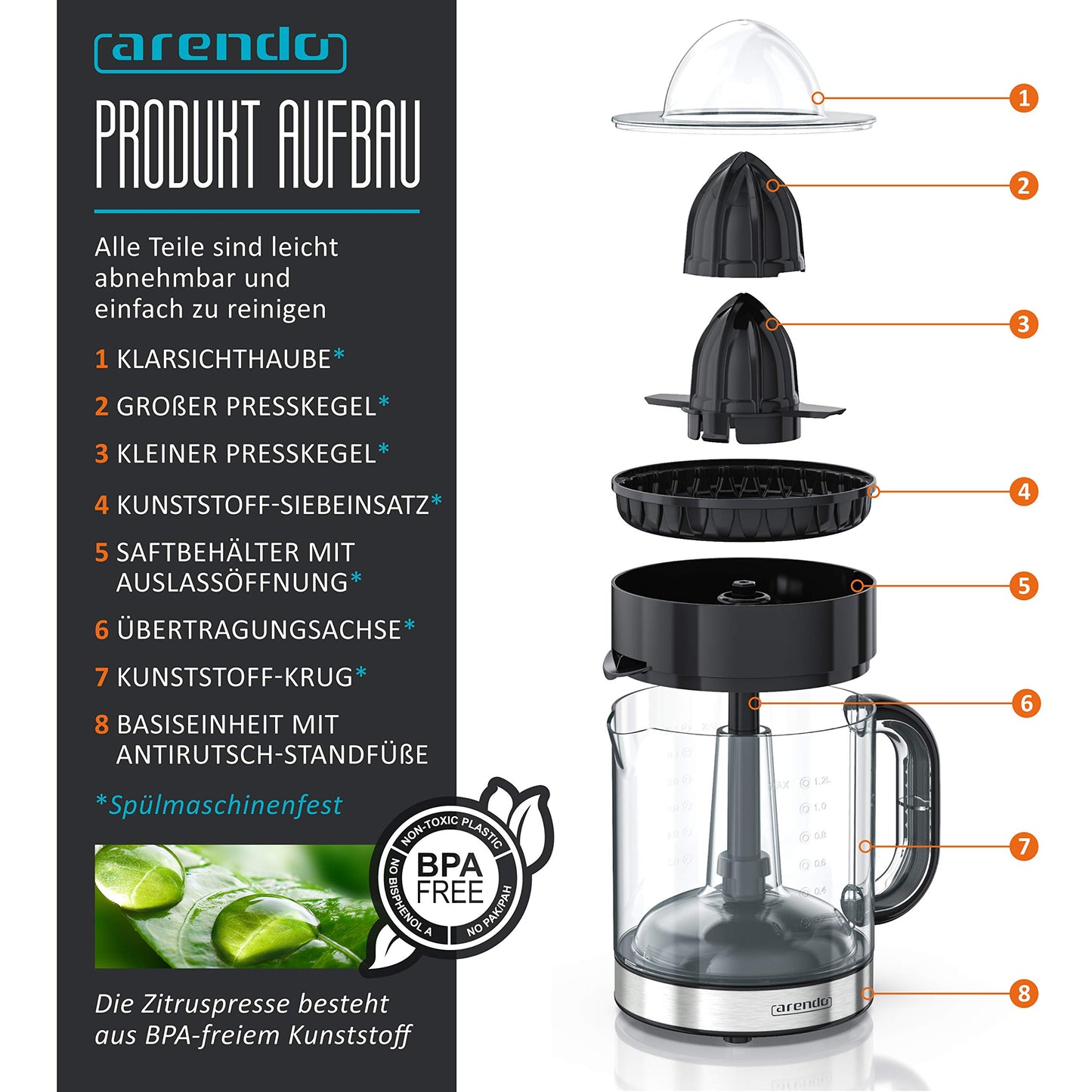 Arendo - Stainless Steel Electric Citrus Juicer - Lemon Juicer Orange Juicer Lime Juicer Juicer - 1.2 liter fruit juice container - Press cone with two rotation directions - BPA free