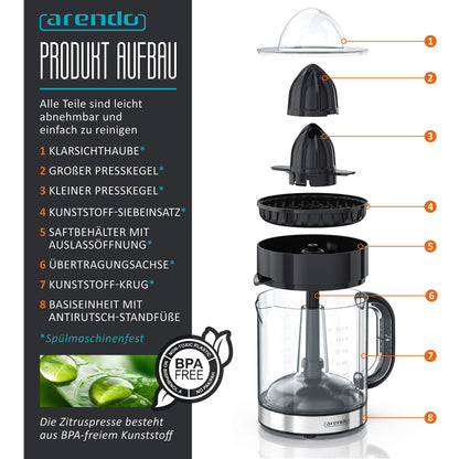 Arendo - Stainless Steel Electric Citrus Juicer - Lemon Juicer Orange Juicer Lime Juicer Juicer - 1.2 liter fruit juice container - Press cone with two rotation directions - BPA free