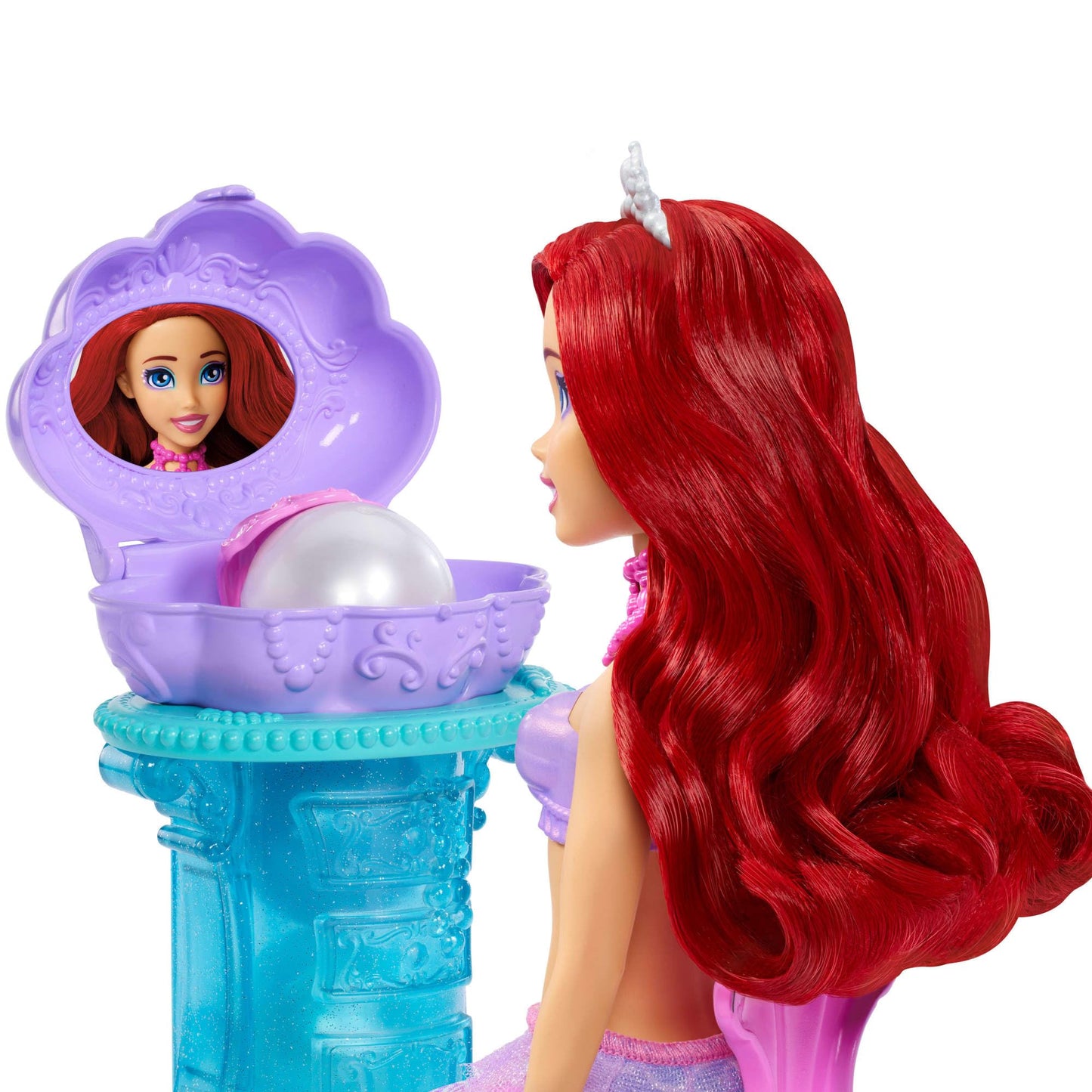 Mattel Disney Princess toys, Makeup Shell Mermaid Ariel Fashion Doll with removable tail fin, Vanity with 5 repeatable pop-up surprises and 5 accessories, JBF86