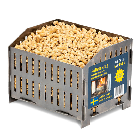 USEFUL SWEDEN Pellet Burning Basket - Burn wood pellets in a wood stove or open fireplace, Swedish steel, 17.7 x 24.0 x 17.0 cm dimensions, 2kg, emergency camping stove