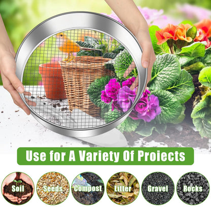 Jazlyvex 30 cm garden sieve with 5 interchangeable, stainless steel compost sieves for sifting soil, compost, and sand, includes a garden shovel.
