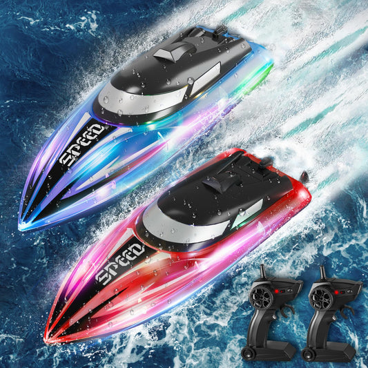 YOOHBERRYS Remote Control Boat 2 Pack, RC Boat with LED Light for Pools and Lakes, 2.4 GHz Remote Controlled Boats RC Racing Boat, Speedboat Pool Toy for Kids and Adults (Blue + Red)