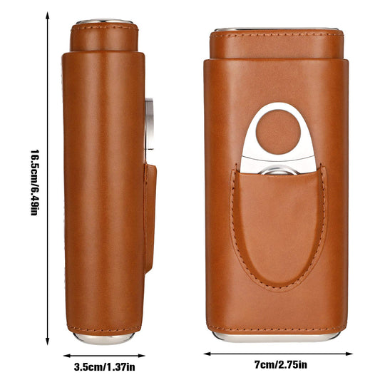 Xinzistar Cigar Case for 3 Cigars, Leather Cigar Cases with Cigar Cutter, Portable Humidor for Travel Short Trips (Brown)