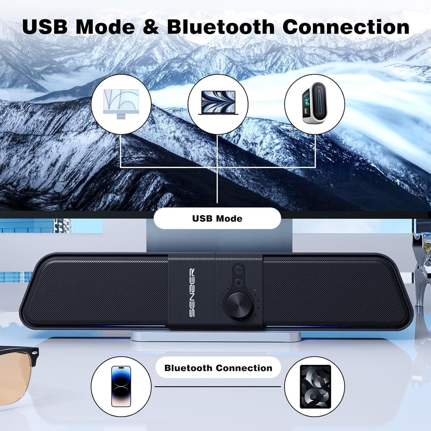 SENZER CS20 PC speakers USB Powered Bluetooth Flowing LED Gaming Soundbar Speaker for Laptop Desktop Monitor (Not 3.5mm Jack)