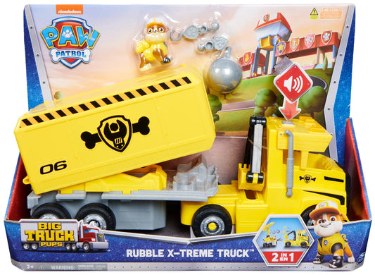 PAW PATROL 6064242 2-in-1 Rubble's Truck with digger, toy crane, lights and sounds, action figures, toy for kids ages 3 and up.