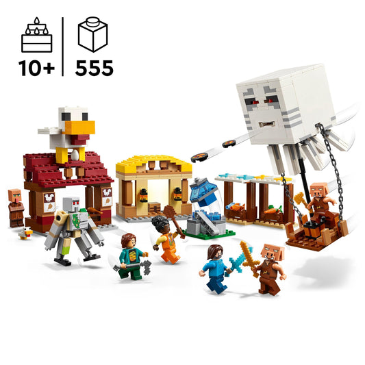 LEGO Minecraft Ghast Balloon Attack - Gaming Toy - Steve's House, 4 Minifigures - Iron Golem Figure & Exploding Fountain Feature - Gift for Boys, Girls & Fans 10+ - 21273