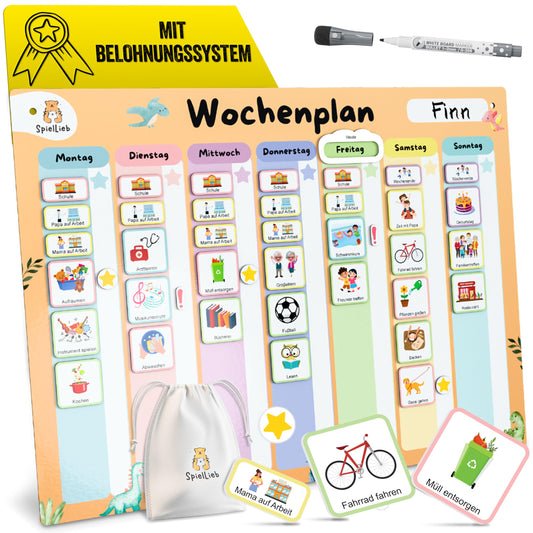 SpielLieb® Montessori Weekly Planner for Kids - Magnetic Board with 216 Magnets, writable & erasable - Ideal for promoting independence & organization - Magnetic Weekly Planner for Kids
