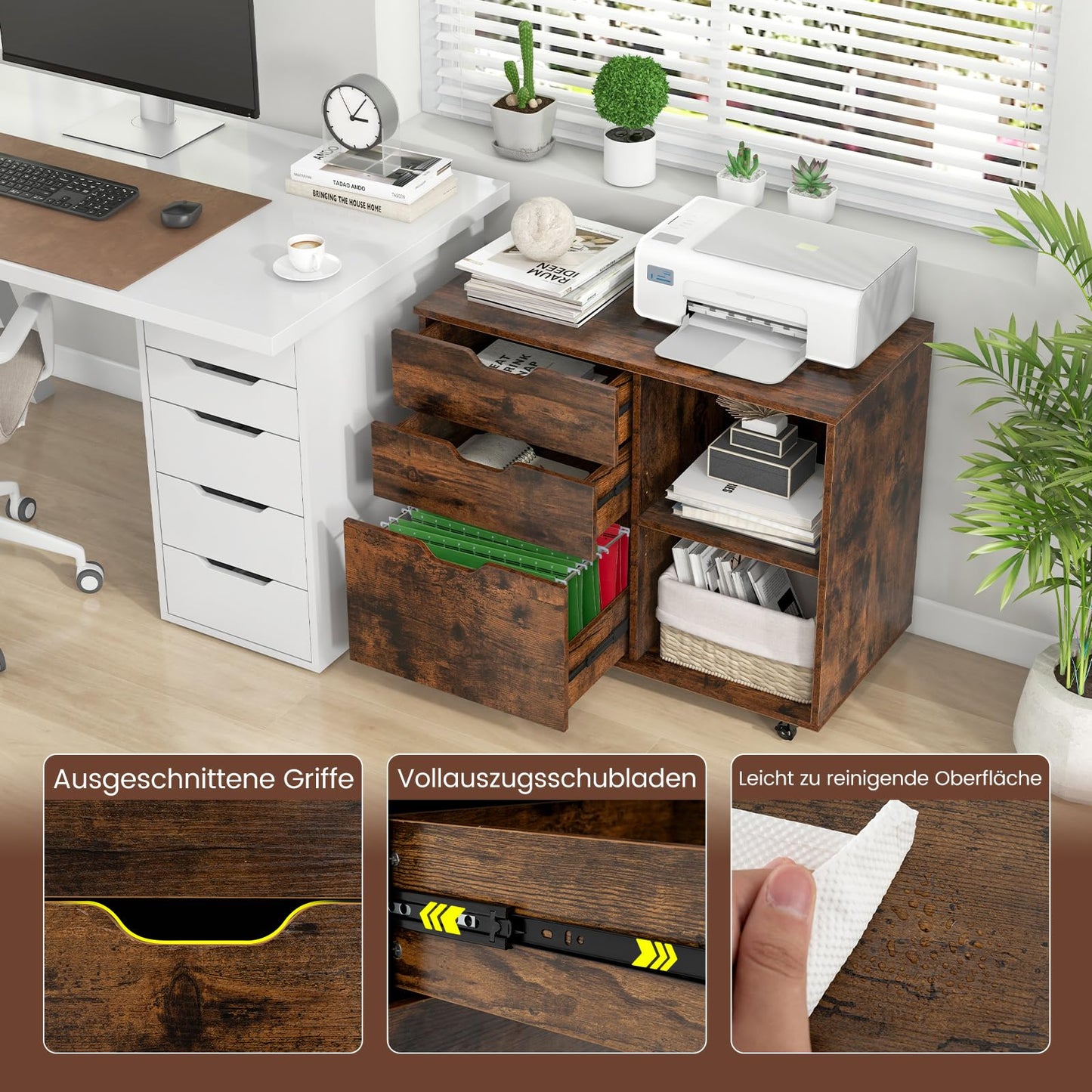 COSTWAY rolling cabinet with 3 drawers, file cabinet with wheels and open compartments, printer stand, office cabinet for documents in DIN A4, letter format, legal format (Rustic Brown)