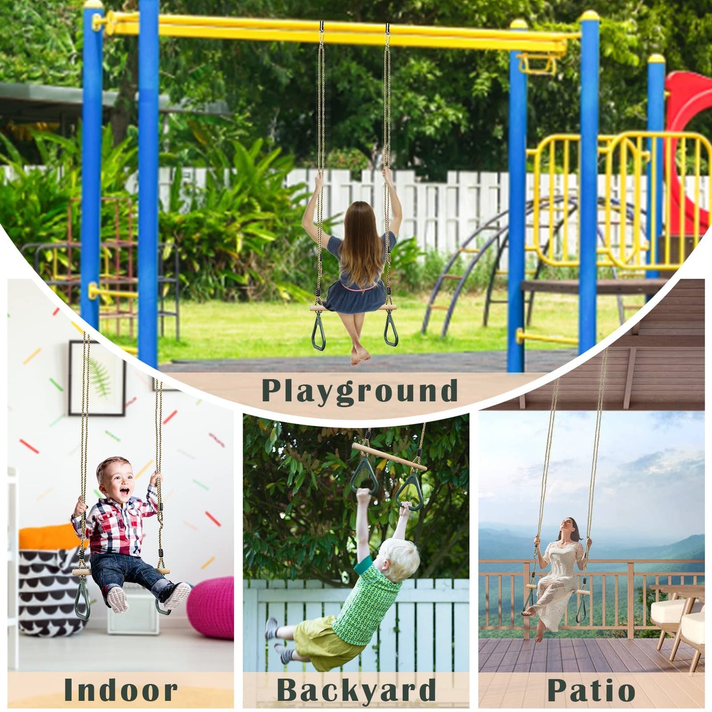 Leogreen Kids Wooden Trapeze Swing with Plastic Gym Rings, Hangs up to 150KG, Outdoor Swing for Children, Kids' Wooden Trapeze Swing for Garden Indoor Outdoor, Green.