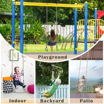 Leogreen Kids Wooden Trapeze Swing with Plastic Gym Rings, Hangs up to 150KG, Outdoor Swing for Children, Kids' Wooden Trapeze Swing for Garden Indoor Outdoor, Green.