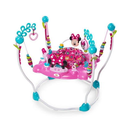 Bright Starts Disney Baby Minnie Mouse Peekaboo Spring and Play Center with light-up and musical play station, 12 activity toys, 360° rotating seat, adjustable height, for children ages 6 months and up.