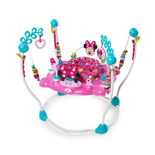 Bright Starts Disney Baby Minnie Mouse Peekaboo Spring and Play Center with light-up and musical play station, 12 activity toys, 360° rotating seat, adjustable height, for children ages 6 months and up.