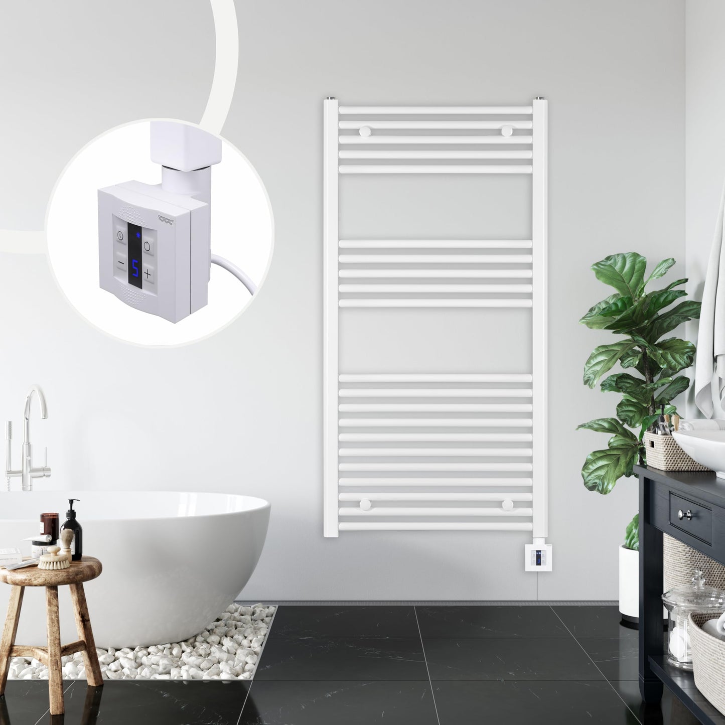 anapont electric bathroom radiator 1175x500 - white straight - timer function - towel radiator - electric bathroom heater - towel heater - Made in Germany