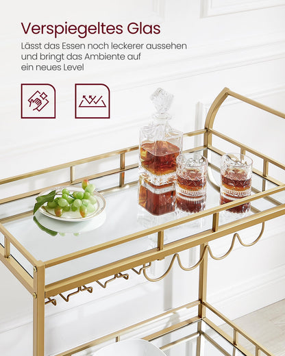 VASAGLE serving cart, rolling cart, glass holder, 2 mirrored glass shelves, bar cart, wine cart, for kitchen, dining room, bar, gold color LRC090A03