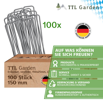 TTL Garden 100x Ground Anchors 150 x 25 x Ø 2.9 mm - galvanized & hardened carbon steel pegs for weed control fabric, garden fleece, fence, bird netting, camping - anti-rust, durable, and rust-free.