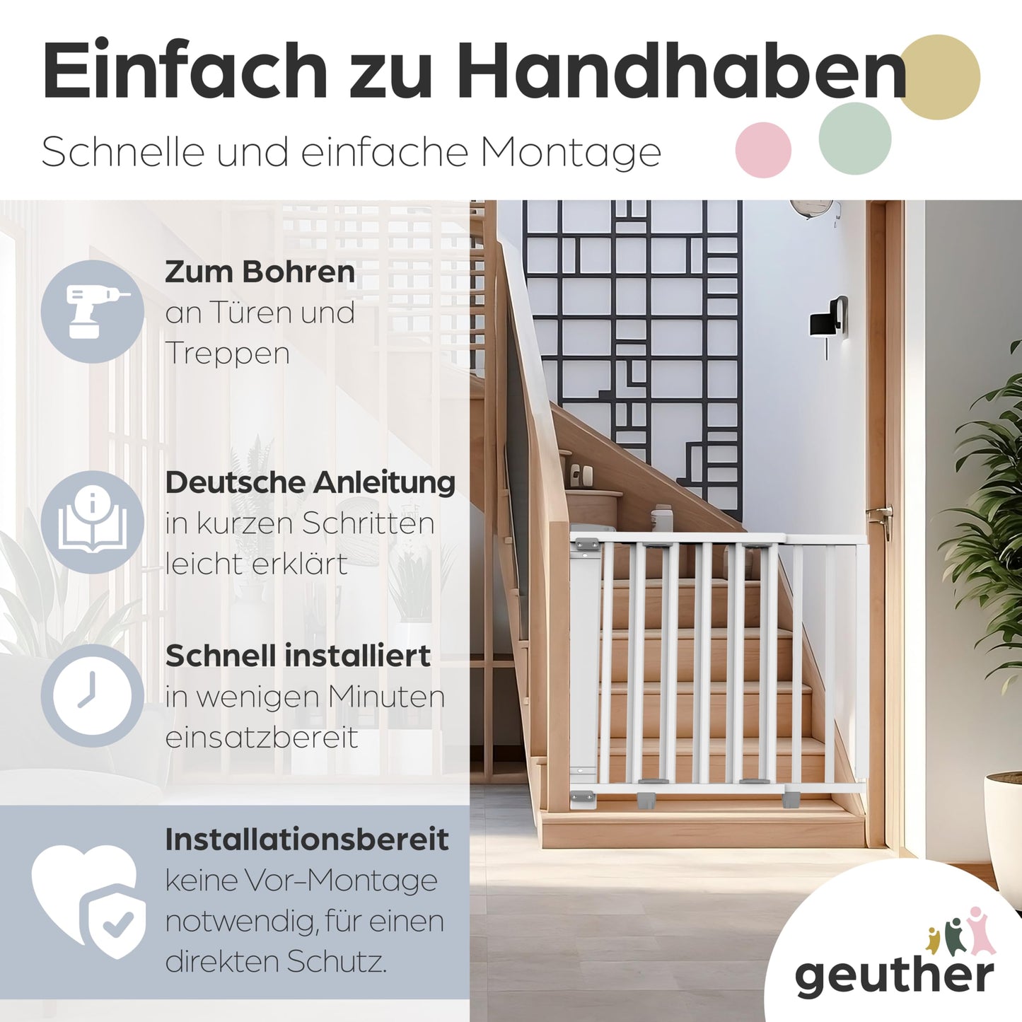 Geuther Door Safety Gate Oris | Staircase Safety Gate for screwing on, Width 86-133 cm | Sturdy Baby Gate & Door Gate with Swinging Door, Certified & Safety Tested | Wooden Child Gate, White