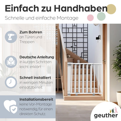 Geuther Door Safety Gate Oris | Staircase Safety Gate for screwing on, Width 86-133 cm | Sturdy Baby Gate & Door Gate with Swinging Door, Certified & Safety Tested | Wooden Child Gate, White