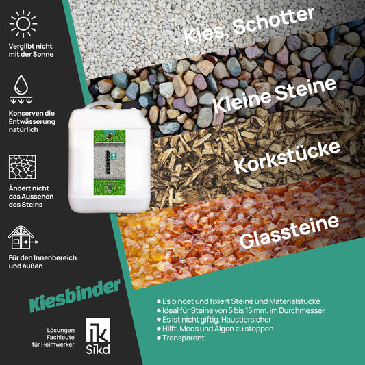 5L of binder for gravel. Perfect for sticking gravel together or as gravel adhesive for paths and gardens. Gravel binder colorless. Wet look.