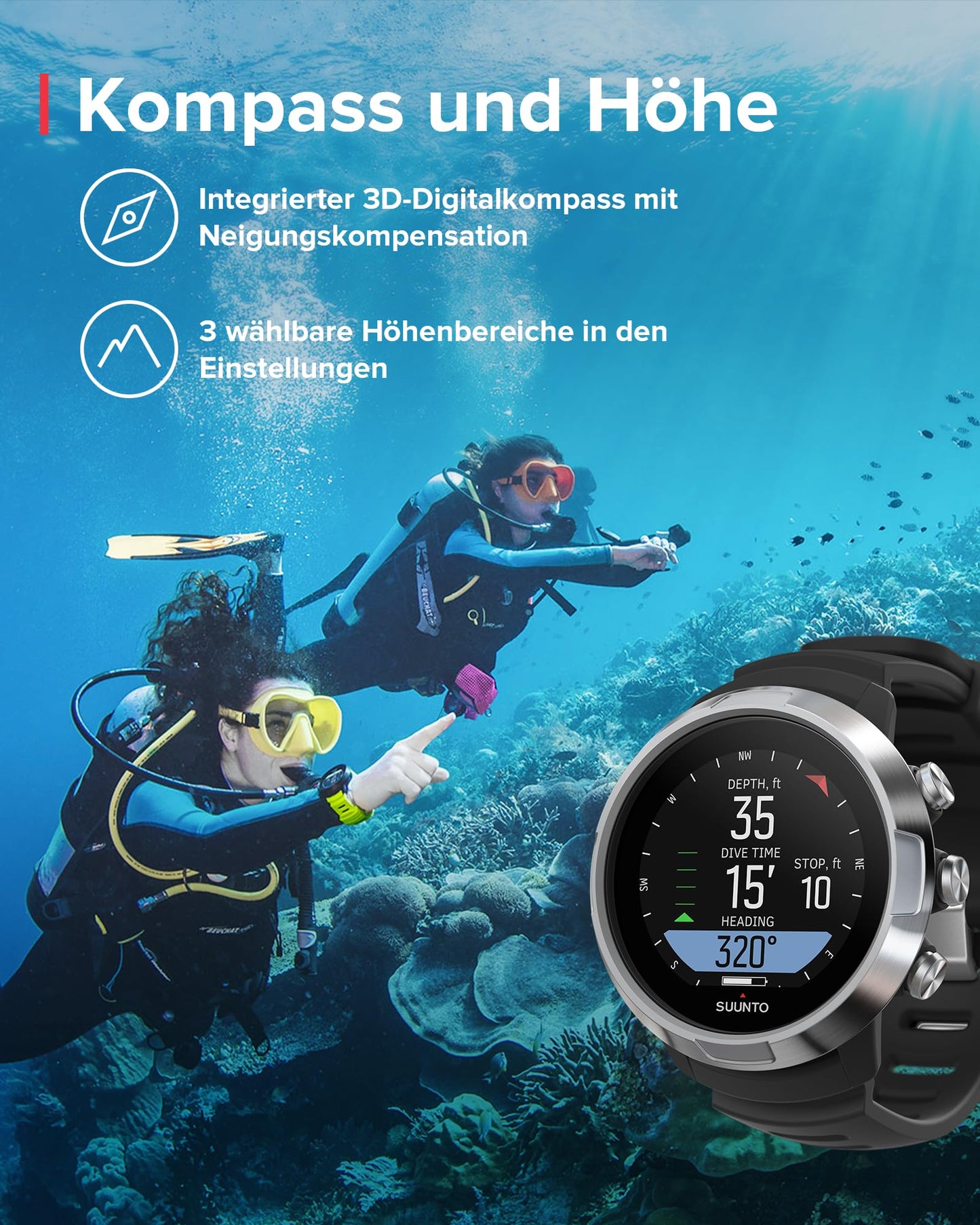 SUUNTO D5 dive computer with color display, 100m water resistant, alarm function, stopwatch, weather information, compass, and up to 12 hours battery life in dive mode