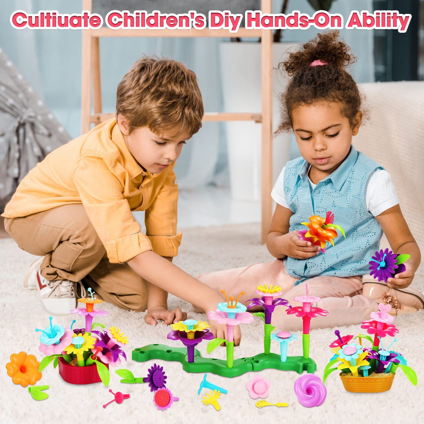 Fivejoy Flower Garden Toy for 3+ Year Old Girls, Montessori Toy Flower Building Blocks Motor Skills Toy, DIY Toy for 3-5 Year Old Girls and Boys, Birthday Gift